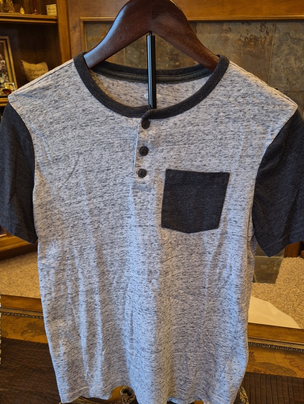 Old Navy Gray Henley Tee with Charcoal Pocket & Sleeves Boys XL